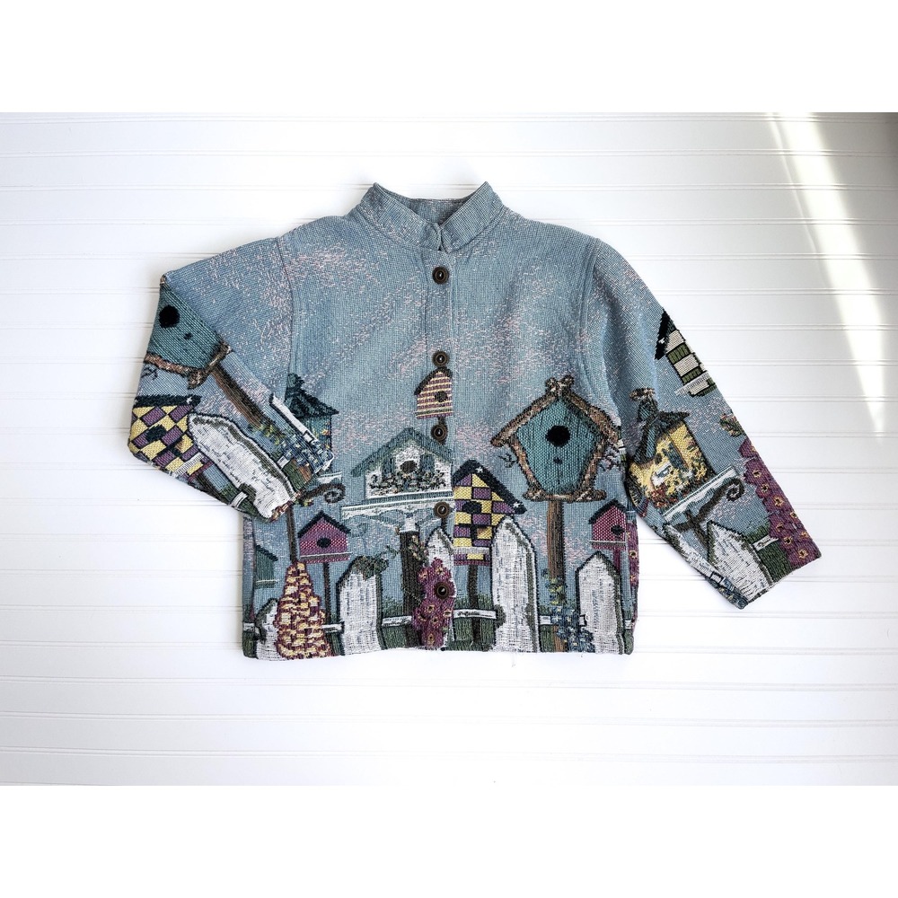 vtg Sugar Street Weavers bird birdhouse cottagecore woven tapestry‎ jacket coat